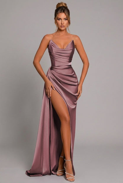 Damen Satin Maxikleid Mit Raffungen Und Schlitz