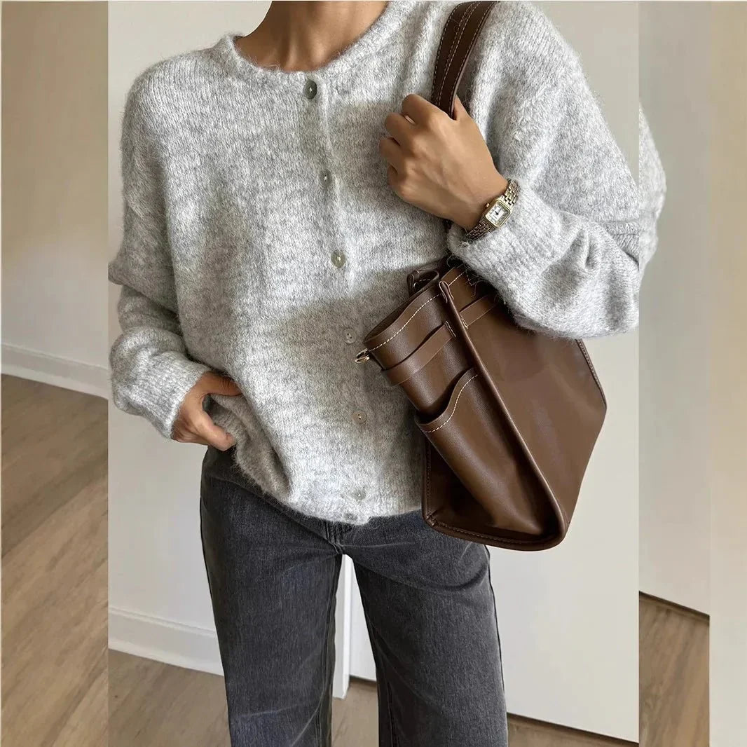 Damen Strickcardigan Mit Rundhalsausschnitt Langarm