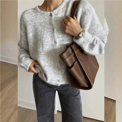 Damen Strickcardigan Mit Rundhalsausschnitt Langarm