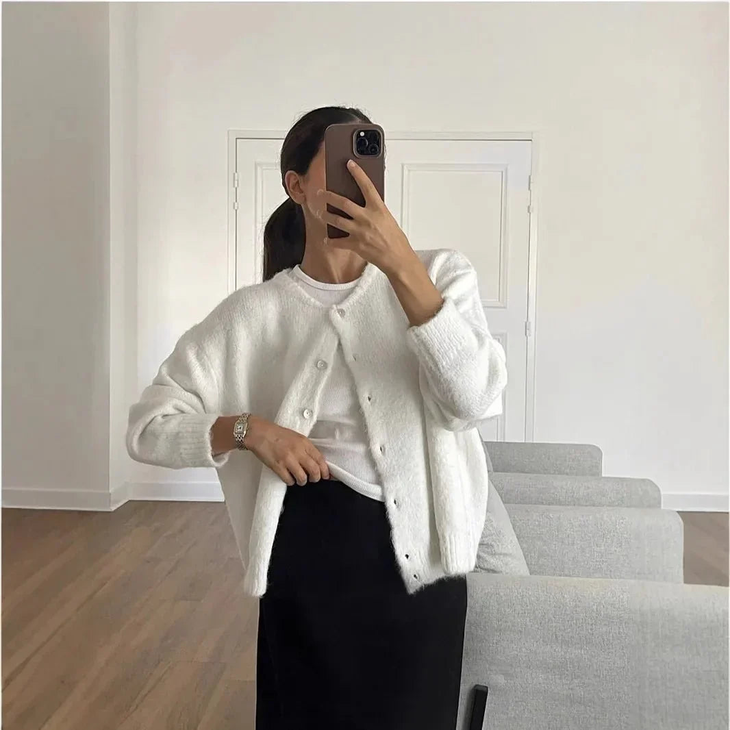Damen Strickcardigan Mit Rundhalsausschnitt Langarm