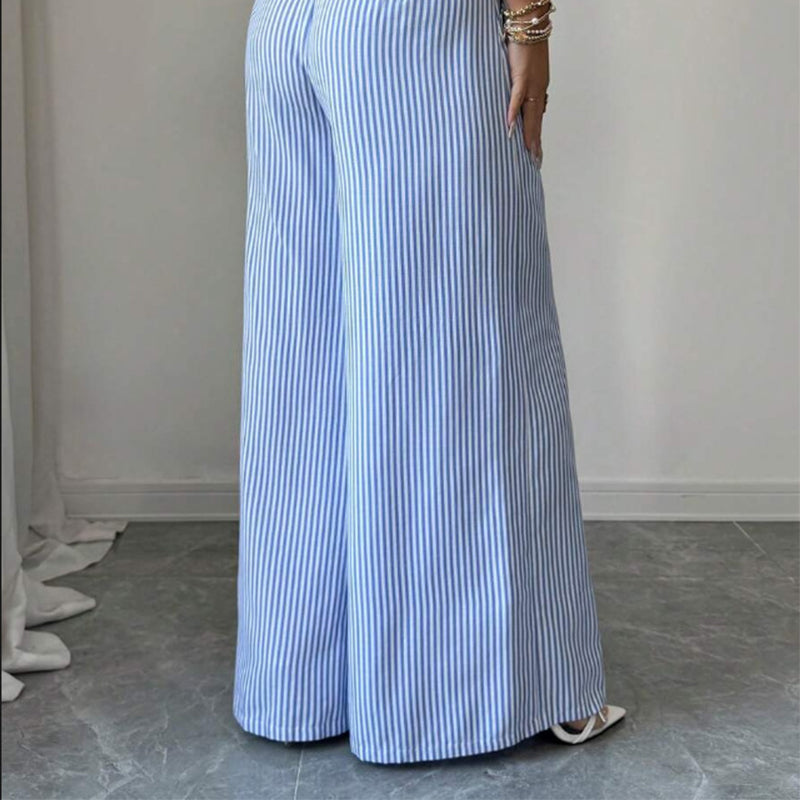 Gestreifte Leinenhose für Damen mit weitem Bein seitlich fotografiert