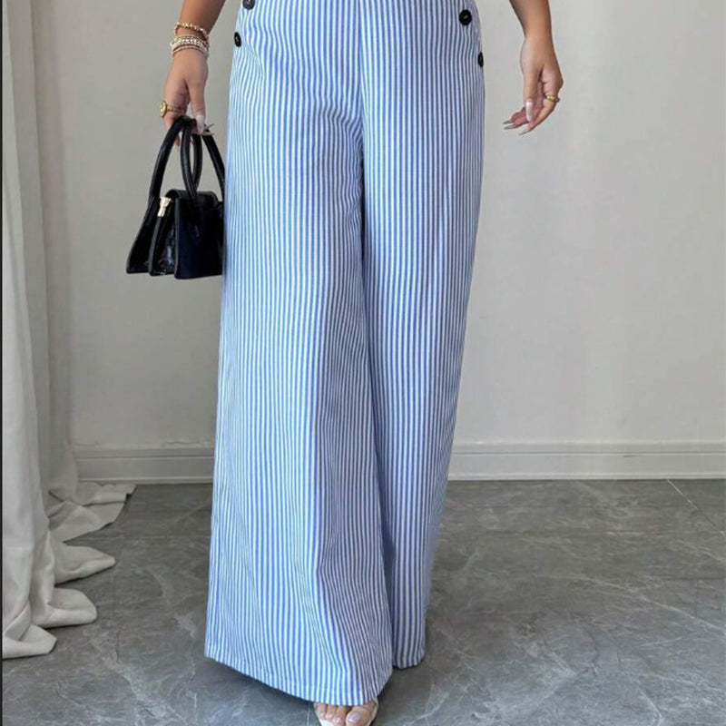 Detailansicht der gestreiften Damen Leinenhose mit hohem Bund
