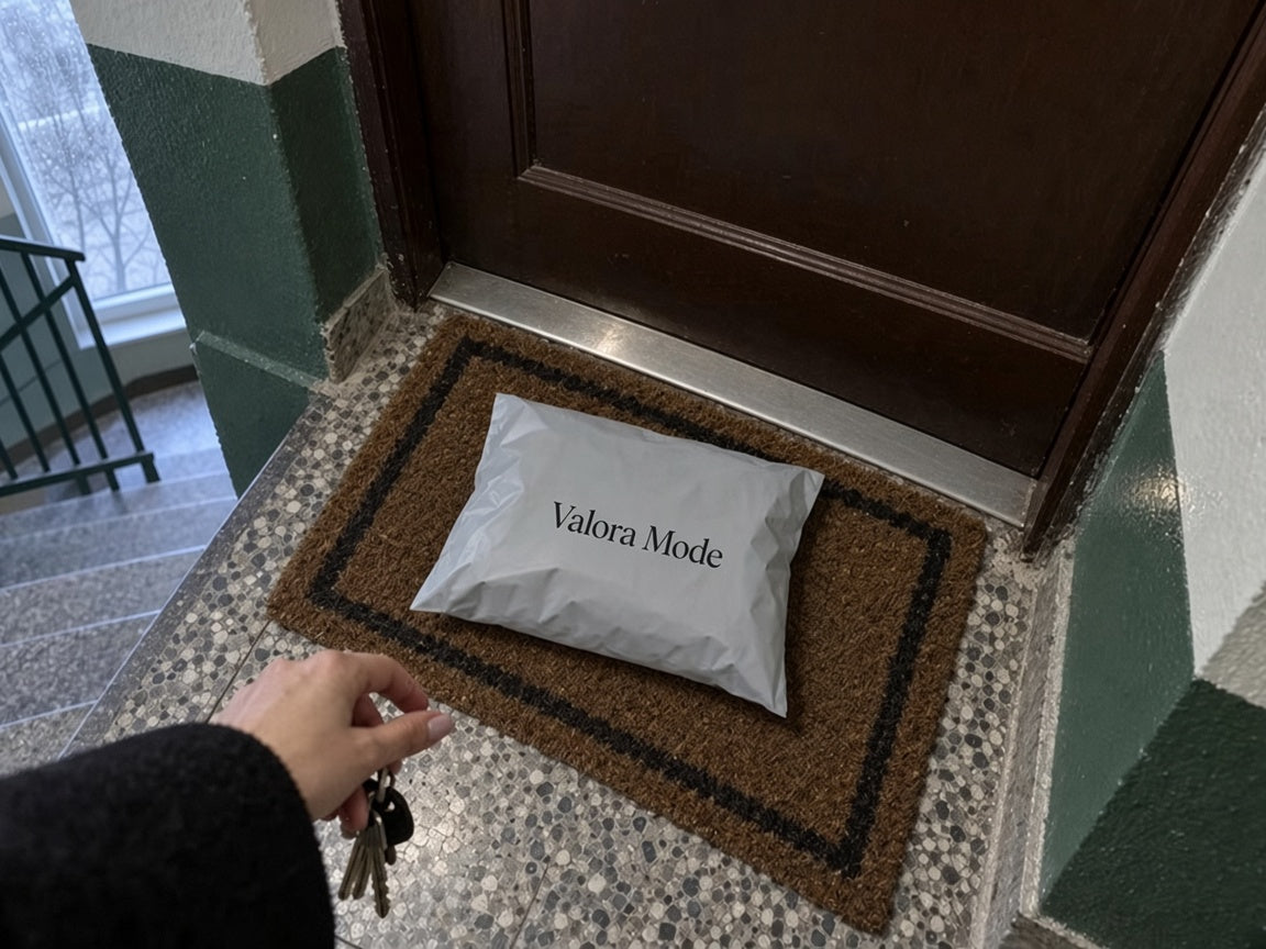 Graue Valora-Mode-Versandtasche auf einer Fussmatte vor einer Wohnungstür