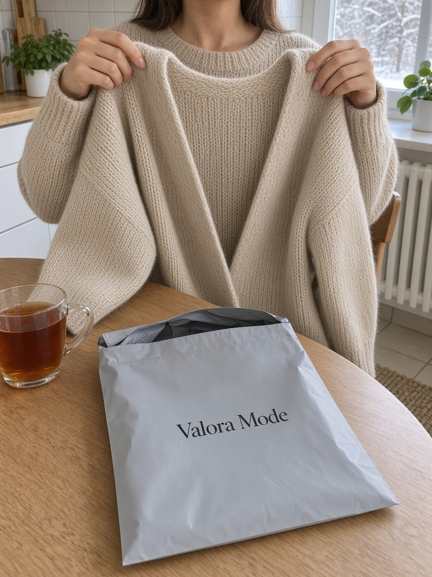 Frau in cremefarbenem Strickpullover am Küchentisch, daneben eine graue Valora-Mode-Versandtasche und eine Tasse Tee