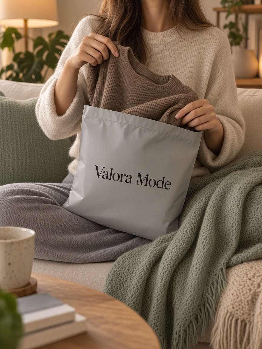 Frau auf dem Sofa nimmt einen braunen Strickpullover aus einer grauen Valora-Mode-Versandtasche