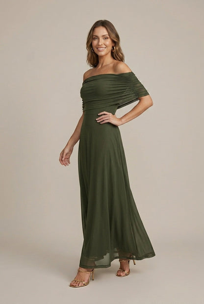 Damen Maxikleid Mit Raffkorsage Und Carmen-Ausschnitt