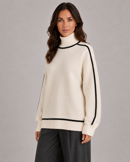 Weicher Rollkragen des Damen-Strickpullovers im Detail