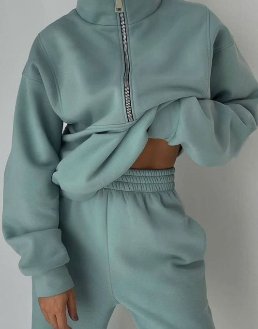 Damen-Jogginganzug mit Cropped Sweatshirt und halbem Reissverschluss
