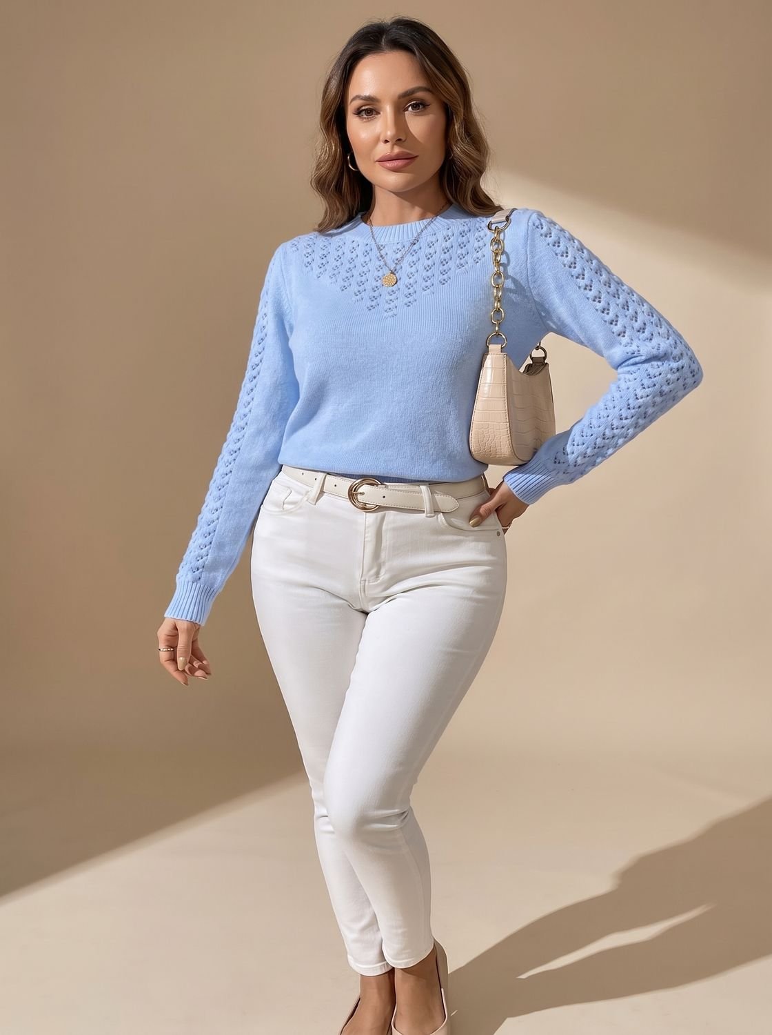 Damen-Pointelle-Strickpullover mit Rundhalsausschnitt in der Vorderansicht