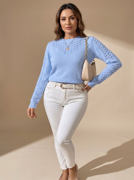 Damen-Pointelle-Strickpullover mit Rundhalsausschnitt in der Vorderansicht