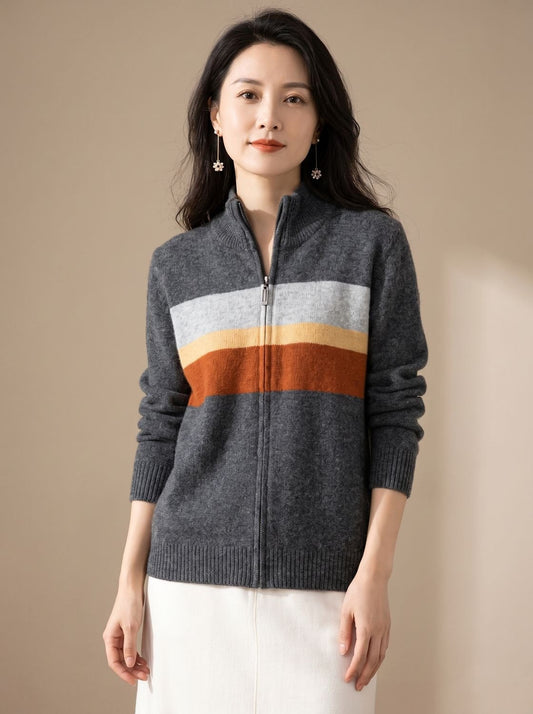Damen-Strickcardigan mit gestreiftem Muster und durchgehendem Reissverschluss