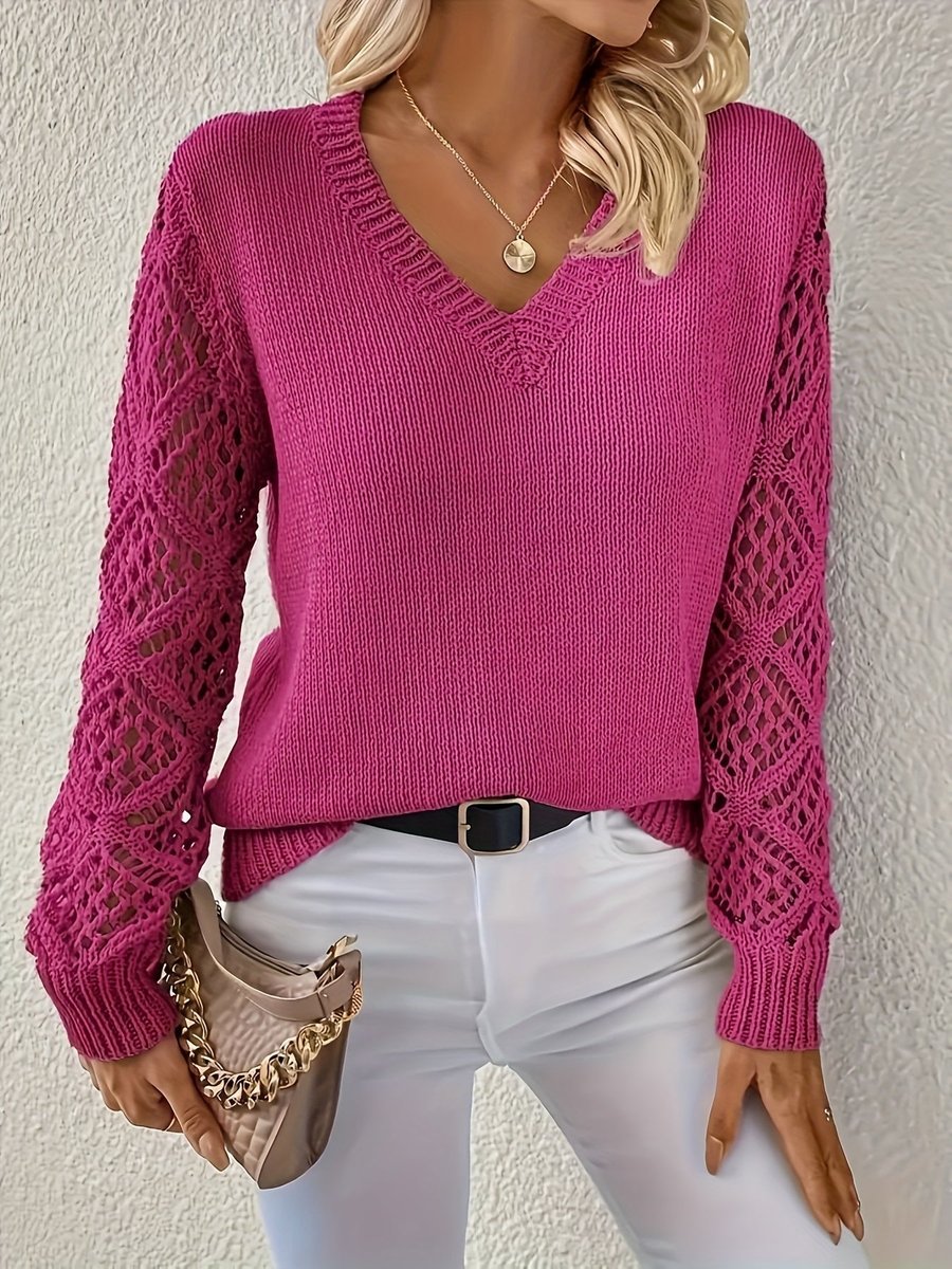 Damen Strickpullover Mit Lochstrickärmeln Und V Ausschnitt
