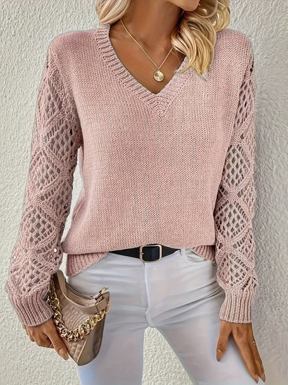 Damen Strickpullover Mit Lochstrickärmeln Und V Ausschnitt