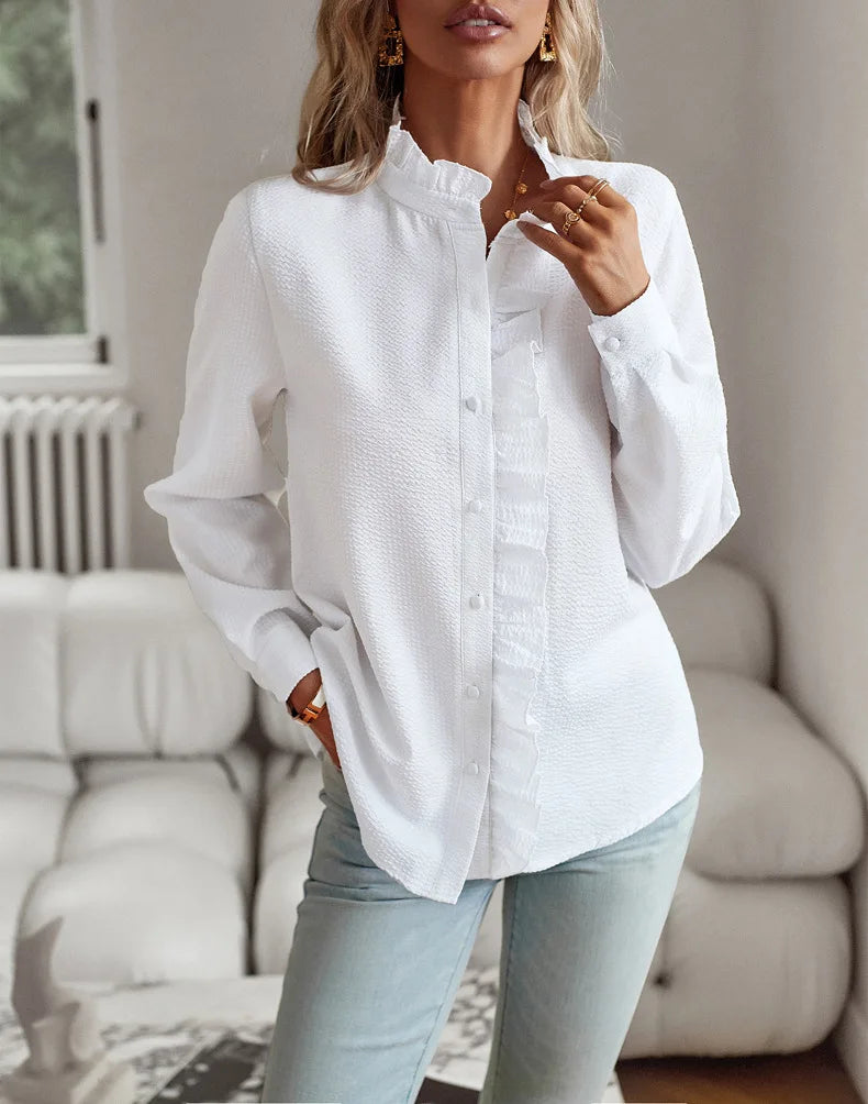 Olivia® I Elegantes Damenhemd mit Rüschen und Stehkragen für das Büro