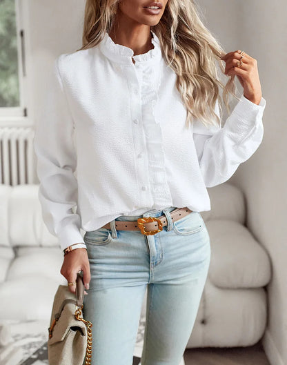 Olivia® I Elegantes Damenhemd mit Rüschen und Stehkragen für das Büro